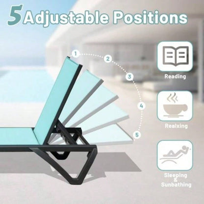 Outdoor Lounge Chair, Aluminum Plastic Patio Chaise Lounge with Side Table 5 Position Adjustable Backrest Wheels, All Weather Reclining Chair Outside Beach Poolside Lawn, Lake Blue