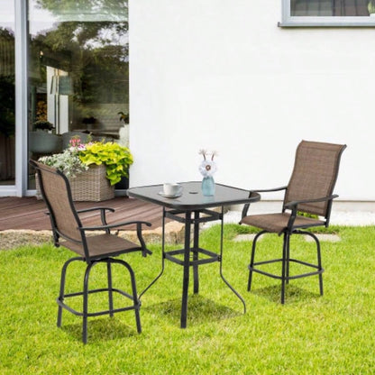 Outsunny Set of 2 Outdoor Swivel Bar Stools with Armrests, Bar Height Patio Chairs with Steel Frame Balcony, Poolside, Backyard, Brown
