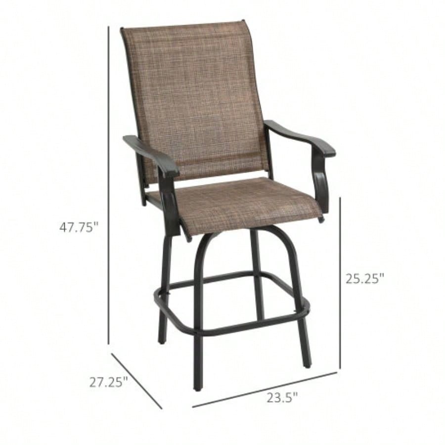 Outsunny Set of 2 Outdoor Swivel Bar Stools with Armrests, Bar Height Patio Chairs with Steel Frame Balcony, Poolside, Backyard, Brown