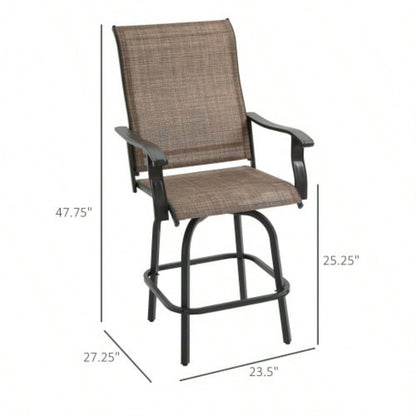 Outsunny Set of 2 Outdoor Swivel Bar Stools with Armrests, Bar Height Patio Chairs with Steel Frame Balcony, Poolside, Backyard, Brown