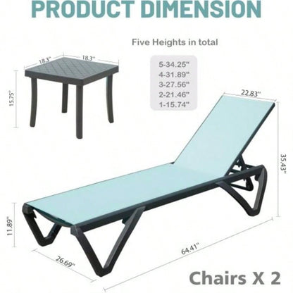 Outdoor Lounge Chair, Aluminum Plastic Patio Chaise Lounge with Side Table 5 Position Adjustable Backrest Wheels, All Weather Reclining Chair Outside Beach Poolside Lawn, Lake Blue