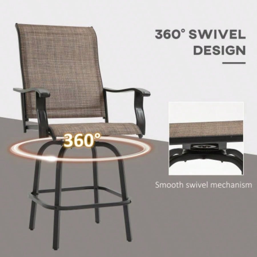 Outsunny Set of 2 Outdoor Swivel Bar Stools with Armrests, Bar Height Patio Chairs with Steel Frame Balcony, Poolside, Backyard, Brown