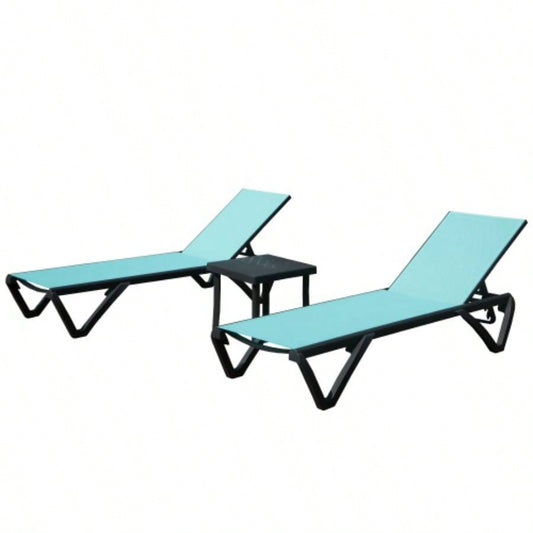 Outdoor Lounge Chair, Aluminum Plastic Patio Chaise Lounge with Side Table 5 Position Adjustable Backrest Wheels, All Weather Reclining Chair Outside Beach Poolside Lawn, Lake Blue