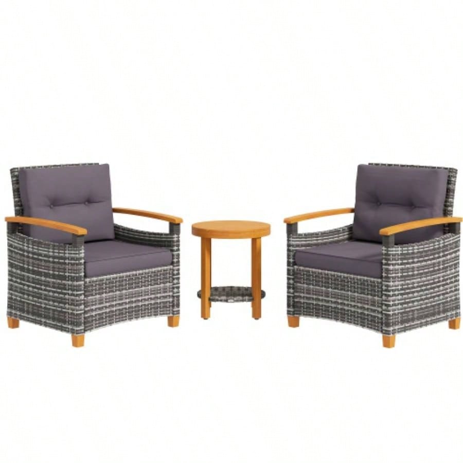 Outsunny 3 Pieces Patio Bistro Set Wooden with Cushions, PE Wicker Patio Furniture Outdoor Porch, Backyard, Garden, Gray