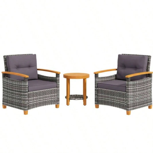 Outsunny 3 Pieces Patio Bistro Set Wooden with Cushions, PE Wicker Patio Furniture Outdoor Porch, Backyard, Garden, Gray