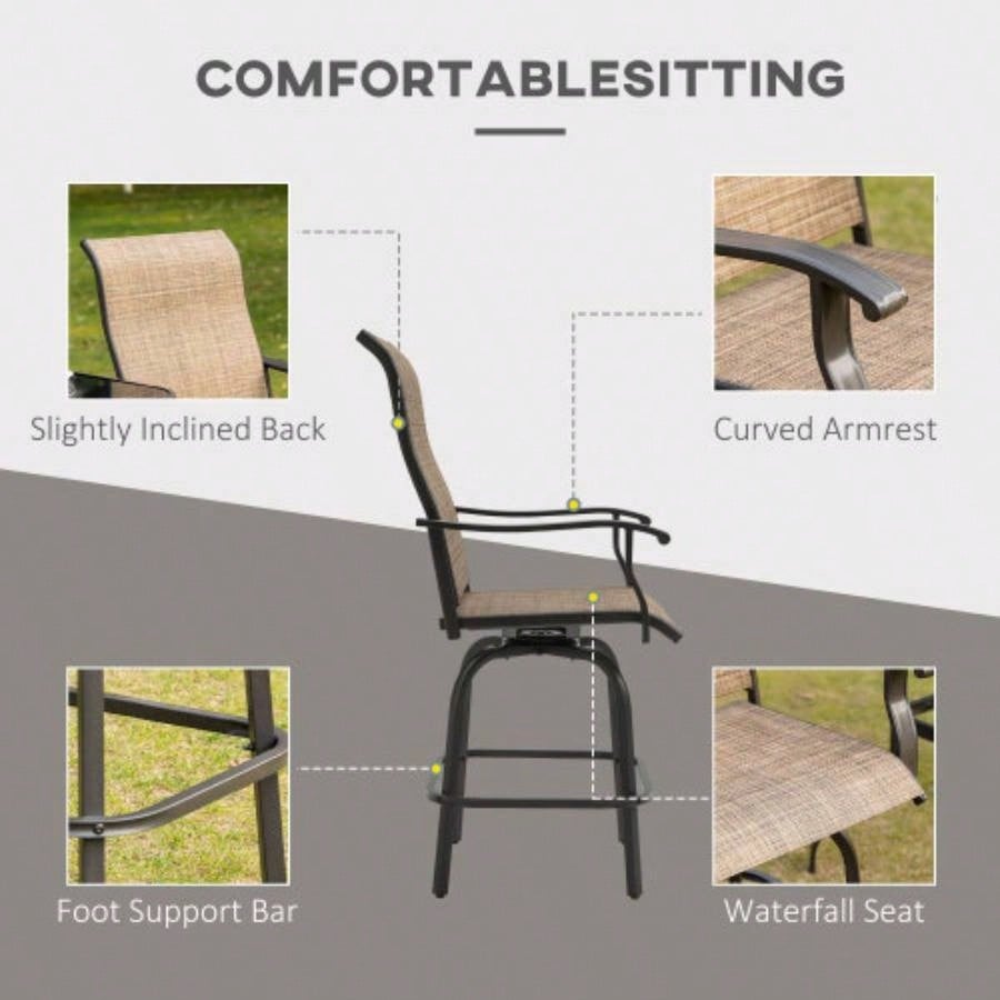 Outsunny Set of 2 Outdoor Swivel Bar Stools with Armrests, Bar Height Patio Chairs with Steel Frame Balcony, Poolside, Backyard, Brown