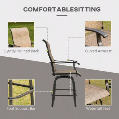 Outsunny Set of 2 Outdoor Swivel Bar Stools with Armrests, Bar Height Patio Chairs with Steel Frame Balcony, Poolside, Backyard, Brown