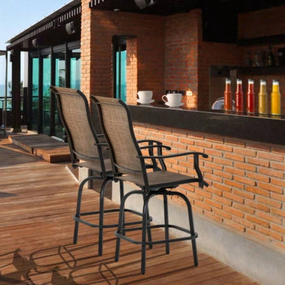 Outsunny Set of 2 Outdoor Swivel Bar Stools with Armrests, Bar Height Patio Chairs with Steel Frame Balcony, Poolside, Backyard, Brown