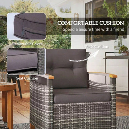 Outsunny 3 Pieces Patio Bistro Set Wooden with Cushions, PE Wicker Patio Furniture Outdoor Porch, Backyard, Garden, Gray