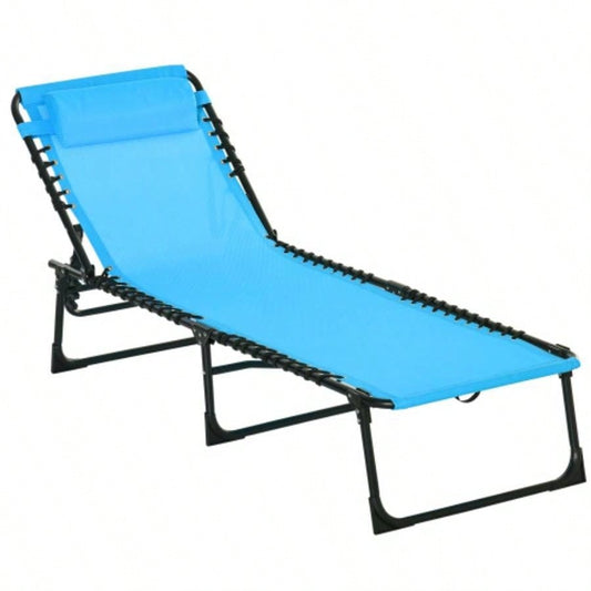 Outsunny Folding Chaise Lounge Pool Chair, Patio Tanning Chair, Outdoor Lounge Chair/ 4 - Position Reclining Back, Pillow, Breathable Mesh Bungee Beach, Yard, Patio, Blue