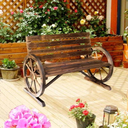 Outsunny 41 Wooden Wagon Wheel, Rustic Outdoor Patio Weather Resistance Furniture, 2 - Person Slatted with Backrest, Carbonized