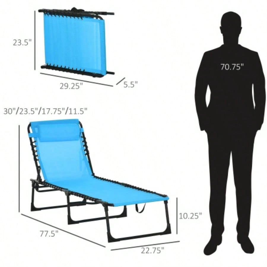 Outsunny Folding Chaise Lounge Pool Chair, Patio Tanning Chair, Outdoor Lounge Chair/ 4 - Position Reclining Back, Pillow, Breathable Mesh Bungee Beach, Yard, Patio, Blue