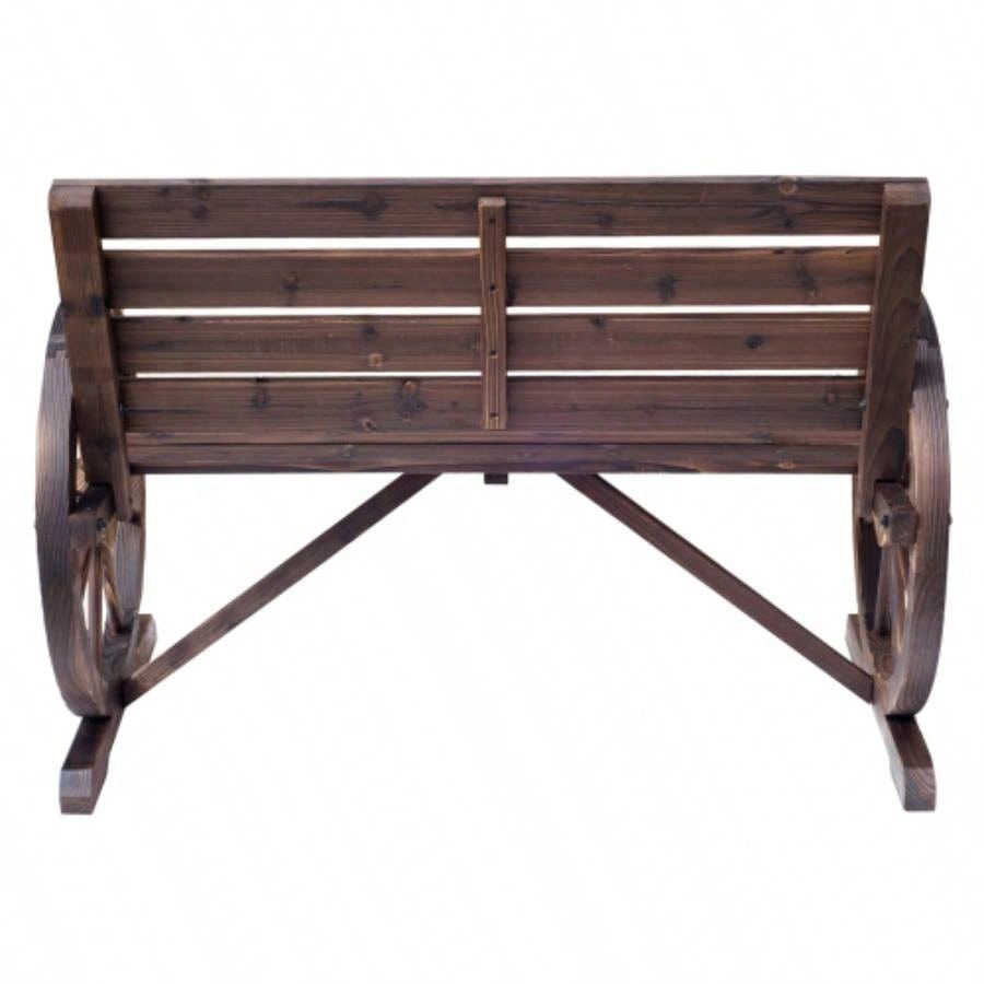 Outsunny 41 Wooden Wagon Wheel, Rustic Outdoor Patio Weather Resistance Furniture, 2 - Person Slatted with Backrest, Carbonized
