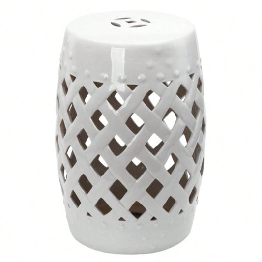 Outsunny 13x 18 Ceramic Garden Stool with Woven Lattice Design Glazed Strong Materials Decorative End Table, White