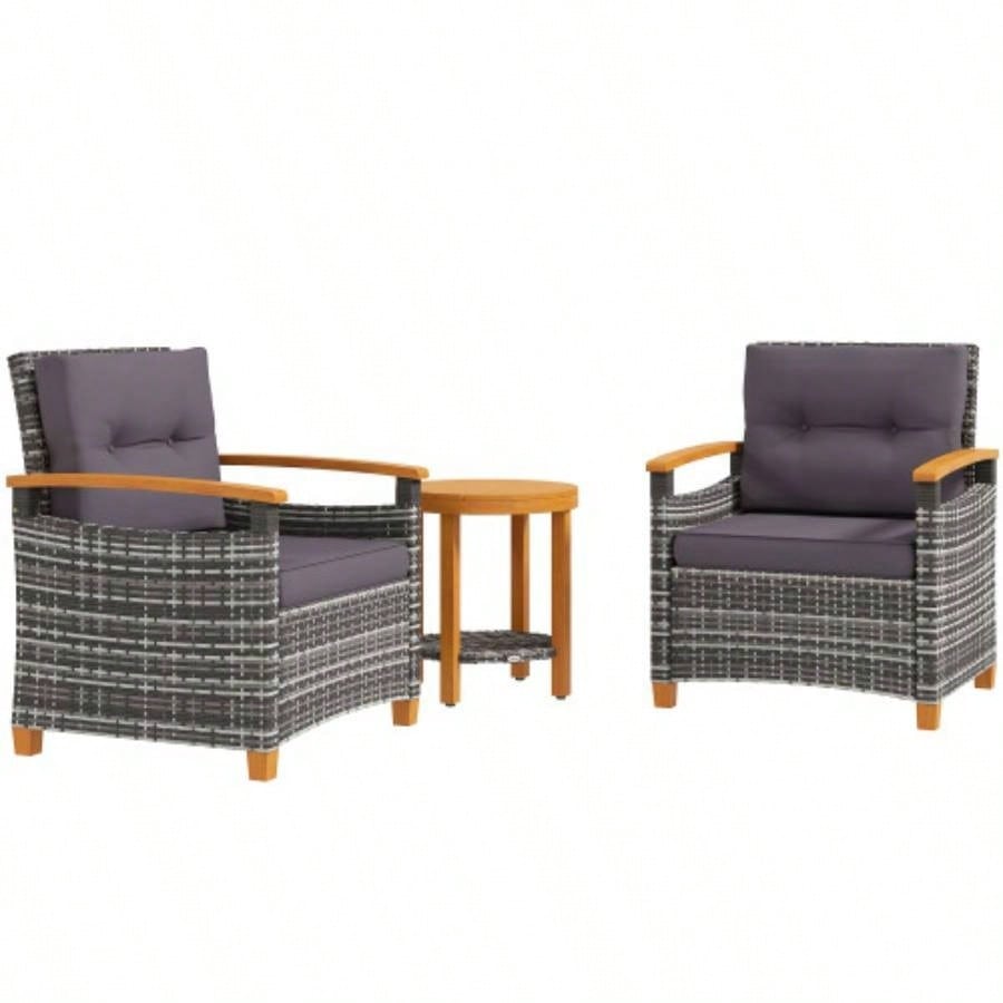 Outsunny 3 Pieces Patio Bistro Set Wooden with Cushions, PE Wicker Patio Furniture Outdoor Porch, Backyard, Garden, Gray