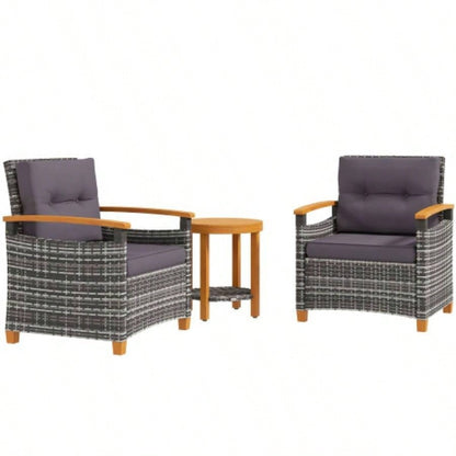 Outsunny 3 Pieces Patio Bistro Set Wooden with Cushions, PE Wicker Patio Furniture Outdoor Porch, Backyard, Garden, Gray