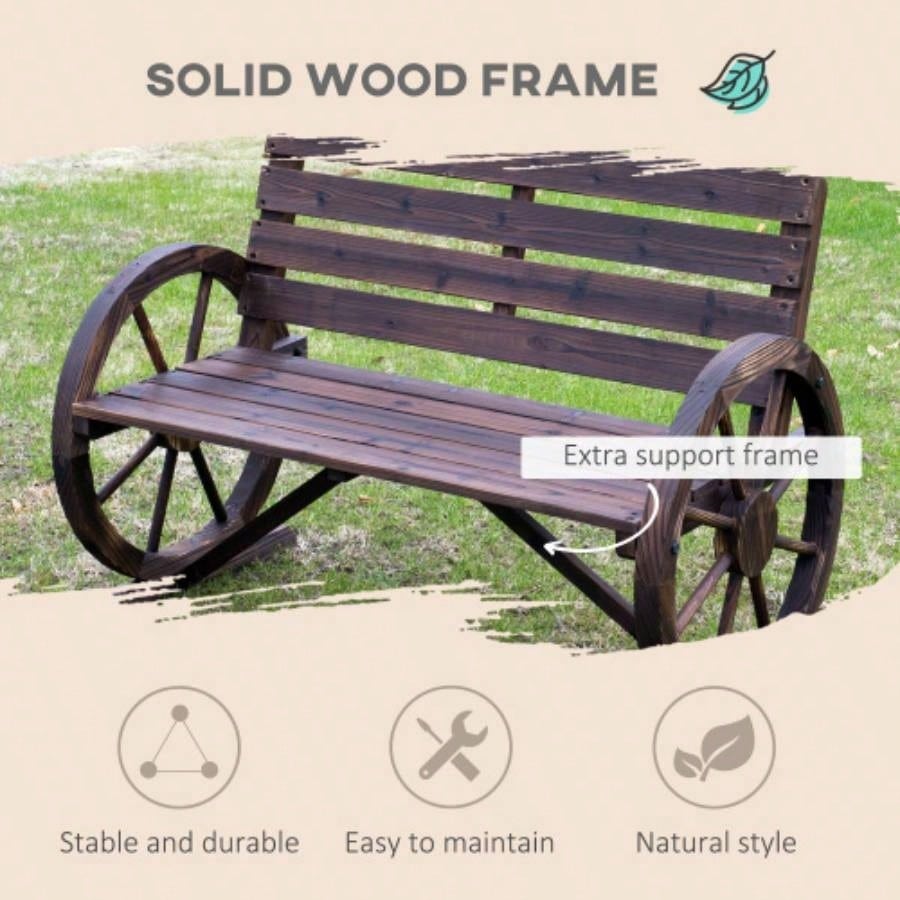 Outsunny 41 Wooden Wagon Wheel, Rustic Outdoor Patio Weather Resistance Furniture, 2 - Person Slatted with Backrest, Carbonized