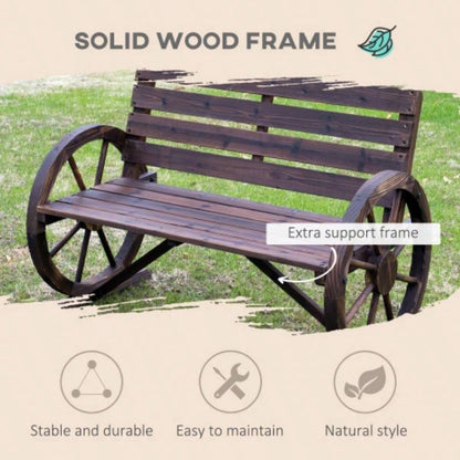 Outsunny 41 Wooden Wagon Wheel, Rustic Outdoor Patio Weather Resistance Furniture, 2 - Person Slatted with Backrest, Carbonized