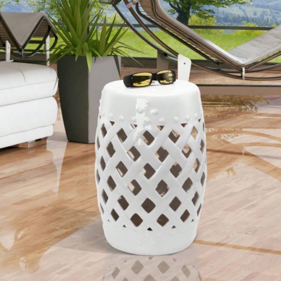 Outsunny 13x 18 Ceramic Garden Stool with Woven Lattice Design Glazed Strong Materials Decorative End Table, White