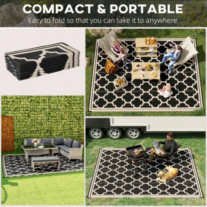 Outsunny Reversible Outdoor Rug Carpet, 9x 18 Waterproof Plastic Straw Rug, Portable RV Camping Rugs with Carry Bag, Large Floor Backyard, Deck, Picnic, Beach, Black Beige