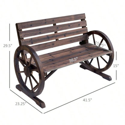 Outsunny 41 Wooden Wagon Wheel, Rustic Outdoor Patio Weather Resistance Furniture, 2 - Person Slatted with Backrest, Carbonized