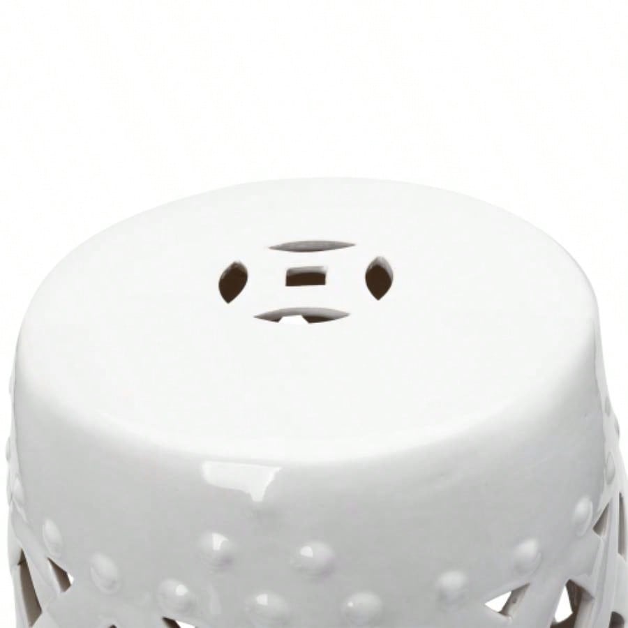 Outsunny 13x 18 Ceramic Garden Stool with Woven Lattice Design Glazed Strong Materials Decorative End Table, White
