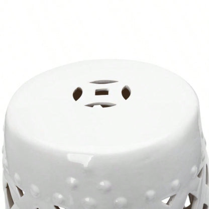 Outsunny 13x 18 Ceramic Garden Stool with Woven Lattice Design Glazed Strong Materials Decorative End Table, White