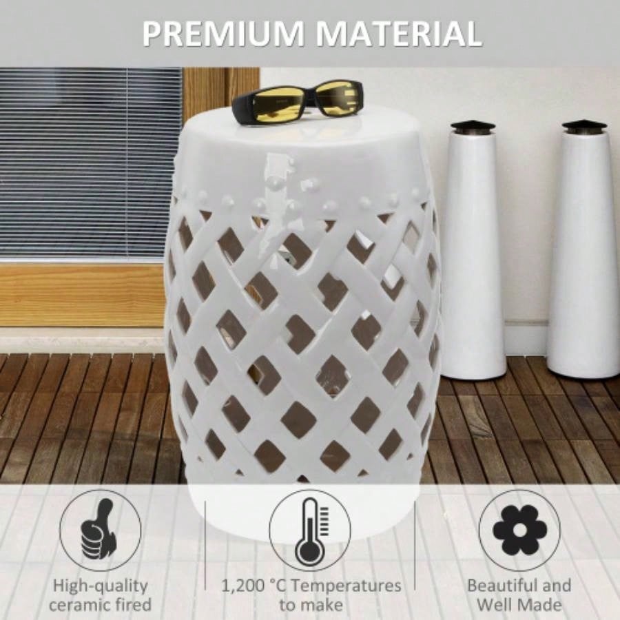 Outsunny 13x 18 Ceramic Garden Stool with Woven Lattice Design Glazed Strong Materials Decorative End Table, White