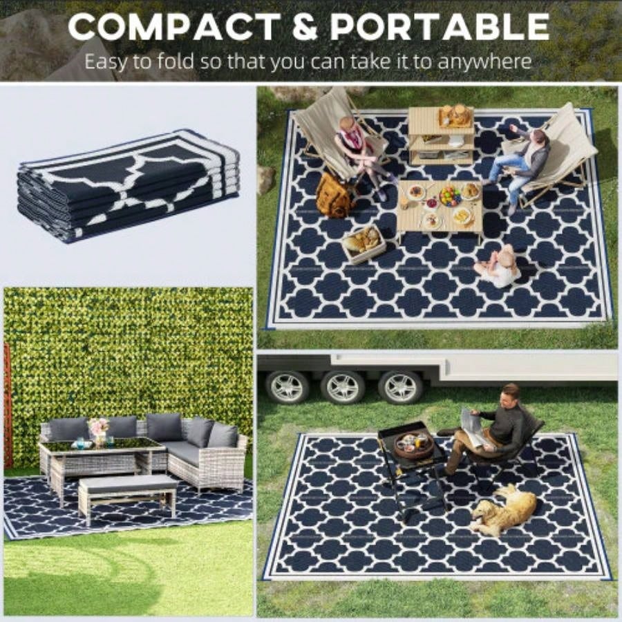 Outsunny Reversible Outdoor Rug Carpet, 9x 18 Waterproof Plastic Straw Rug, Portable RV Camping Rugs with Carry Bag, Large Floor Backyard, Deck, Picnic, Beach, Blue White