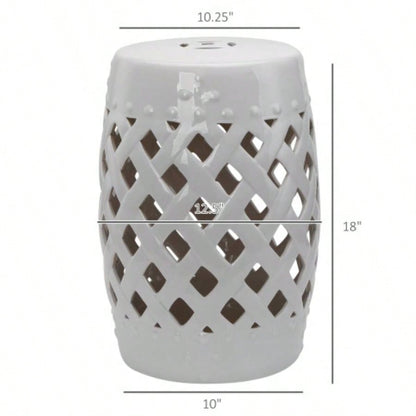 Outsunny 13x 18 Ceramic Garden Stool with Woven Lattice Design Glazed Strong Materials Decorative End Table, White