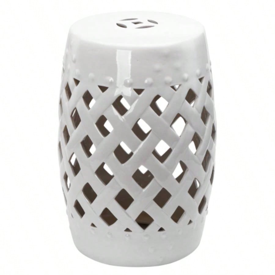 Outsunny 13x 18 Ceramic Garden Stool with Woven Lattice Design Glazed Strong Materials Decorative End Table, White