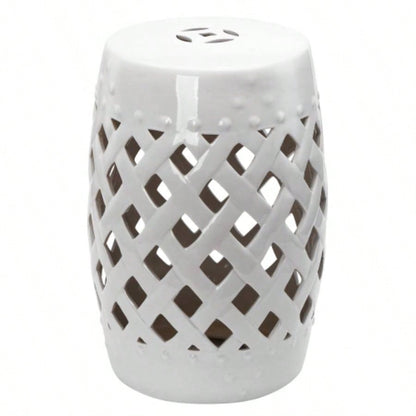 Outsunny 13x 18 Ceramic Garden Stool with Woven Lattice Design Glazed Strong Materials Decorative End Table, White