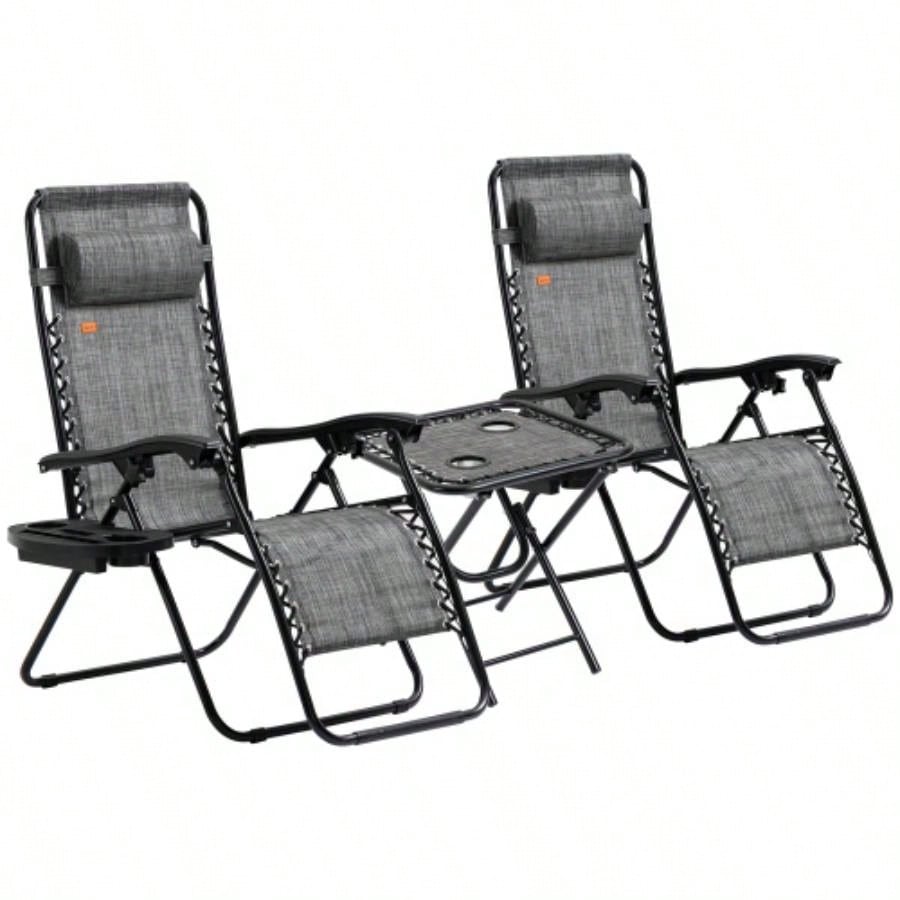 Outsunny Zero Chair Set with Side Table, Folding Reclining Chair with Cupholders Pillows, Adjustable Lounge Chair Pool, Backyard, Lawn, Beach, Gray