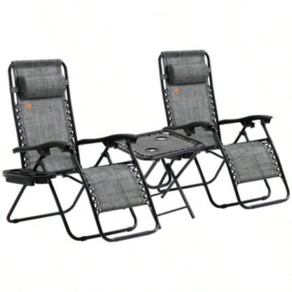Outsunny Zero Chair Set with Side Table, Folding Reclining Chair with Cupholders Pillows, Adjustable Lounge Chair Pool, Backyard, Lawn, Beach, Gray