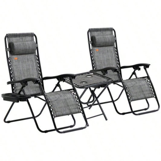 Outsunny Zero Chair Set with Side Table, Folding Reclining Chair with Cupholders Pillows, Adjustable Lounge Chair Pool, Backyard, Lawn, Beach, Gray