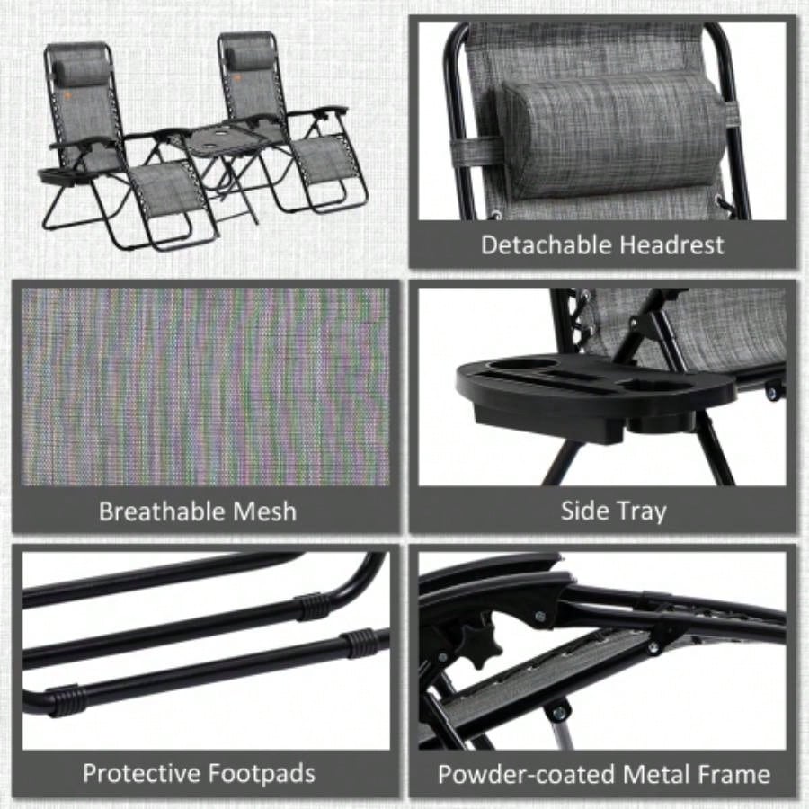 Outsunny Zero Chair Set with Side Table, Folding Reclining Chair with Cupholders Pillows, Adjustable Lounge Chair Pool, Backyard, Lawn, Beach, Gray