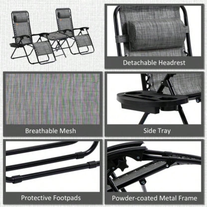 Outsunny Zero Chair Set with Side Table, Folding Reclining Chair with Cupholders Pillows, Adjustable Lounge Chair Pool, Backyard, Lawn, Beach, Gray