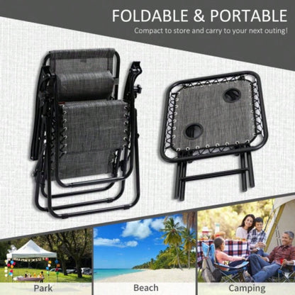 Outsunny Zero Chair Set with Side Table, Folding Reclining Chair with Cupholders Pillows, Adjustable Lounge Chair Pool, Backyard, Lawn, Beach, Gray