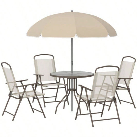 Outsunny 6 Piece Patio Dining Set 4 with, Outdoor Table and Chairs with 4 Folding Dining Chairs Round Glass Table Garden, Backyard and Poolside, Beige