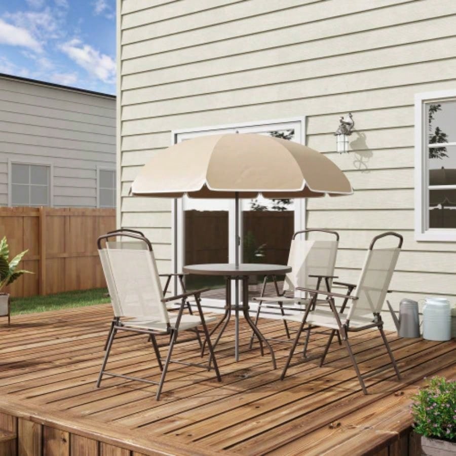 Outsunny 6 Piece Patio Dining Set 4 with, Outdoor Table and Chairs with 4 Folding Dining Chairs Round Glass Table Garden, Backyard and Poolside, Beige