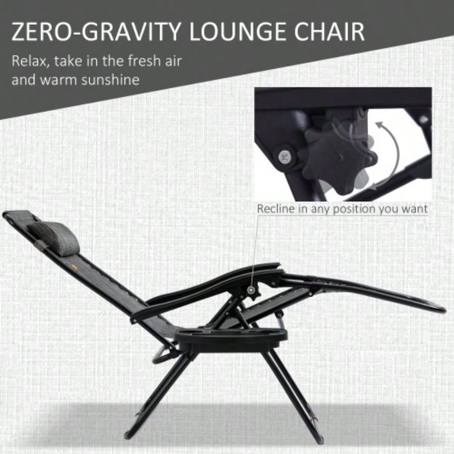Outsunny Zero Chair Set with Side Table, Folding Reclining Chair with Cupholders Pillows, Adjustable Lounge Chair Pool, Backyard, Lawn, Beach, Gray