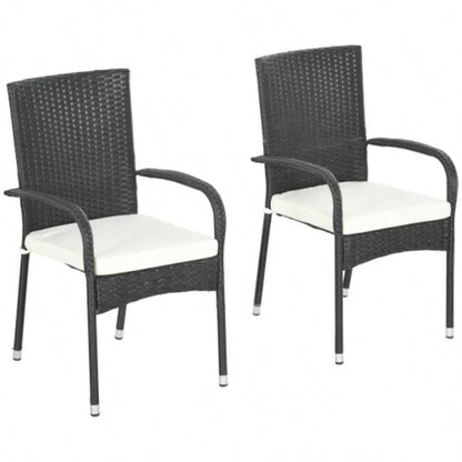 Outsunny Stackable PE Rattan Outdoor Dining Chairs with Cushions, Set of 2 Patio Wicker Dining Chairs with Armrests and Backrest Patio, Deck, White