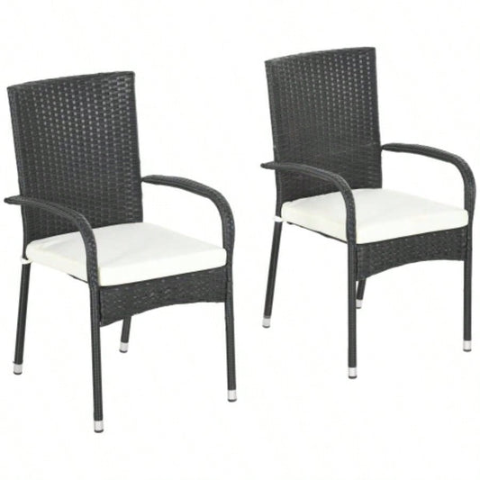 Outsunny Stackable PE Rattan Outdoor Dining Chairs with Cushions, Set of 2 Patio Wicker Dining Chairs with Armrests and Backrest Patio, Deck, White
