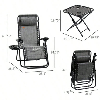 Outsunny Zero Chair Set with Side Table, Folding Reclining Chair with Cupholders Pillows, Adjustable Lounge Chair Pool, Backyard, Lawn, Beach, Gray