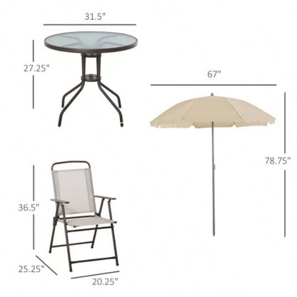 Outsunny 6 Piece Patio Dining Set 4 with, Outdoor Table and Chairs with 4 Folding Dining Chairs Round Glass Table Garden, Backyard and Poolside, Beige