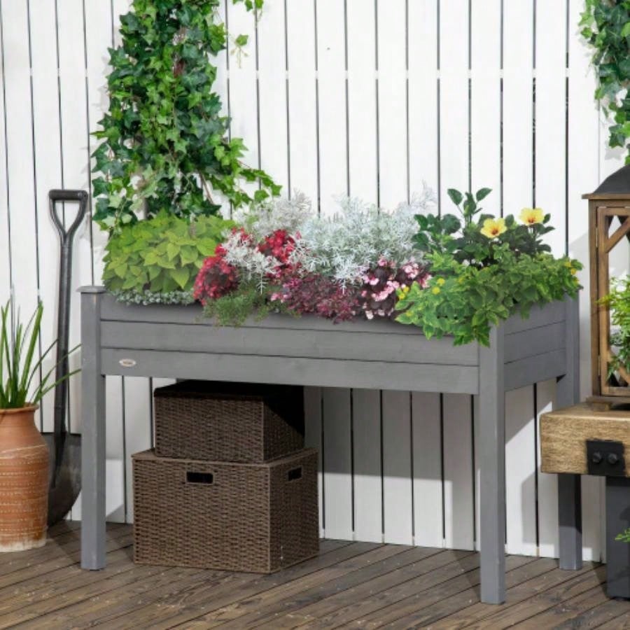 Outsunny Raised Garden Bed with, 48x 22x 30 Elevated Wooden Planter Box, Self - Draining with Bed Liner Vegetables, Herbs, and Flowers Backyard, Patio, Balcony Use, Dark Gray