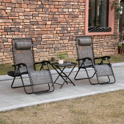 Outsunny Zero Chair Set with Side Table, Folding Reclining Chair with Cupholders Pillows, Adjustable Lounge Chair Pool, Backyard, Lawn, Beach, Gray