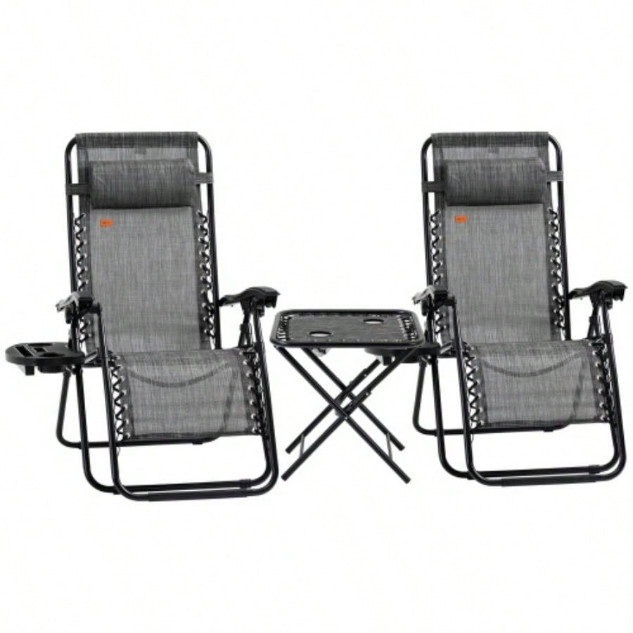 Outsunny Zero Chair Set with Side Table, Folding Reclining Chair with Cupholders Pillows, Adjustable Lounge Chair Pool, Backyard, Lawn, Beach, Gray