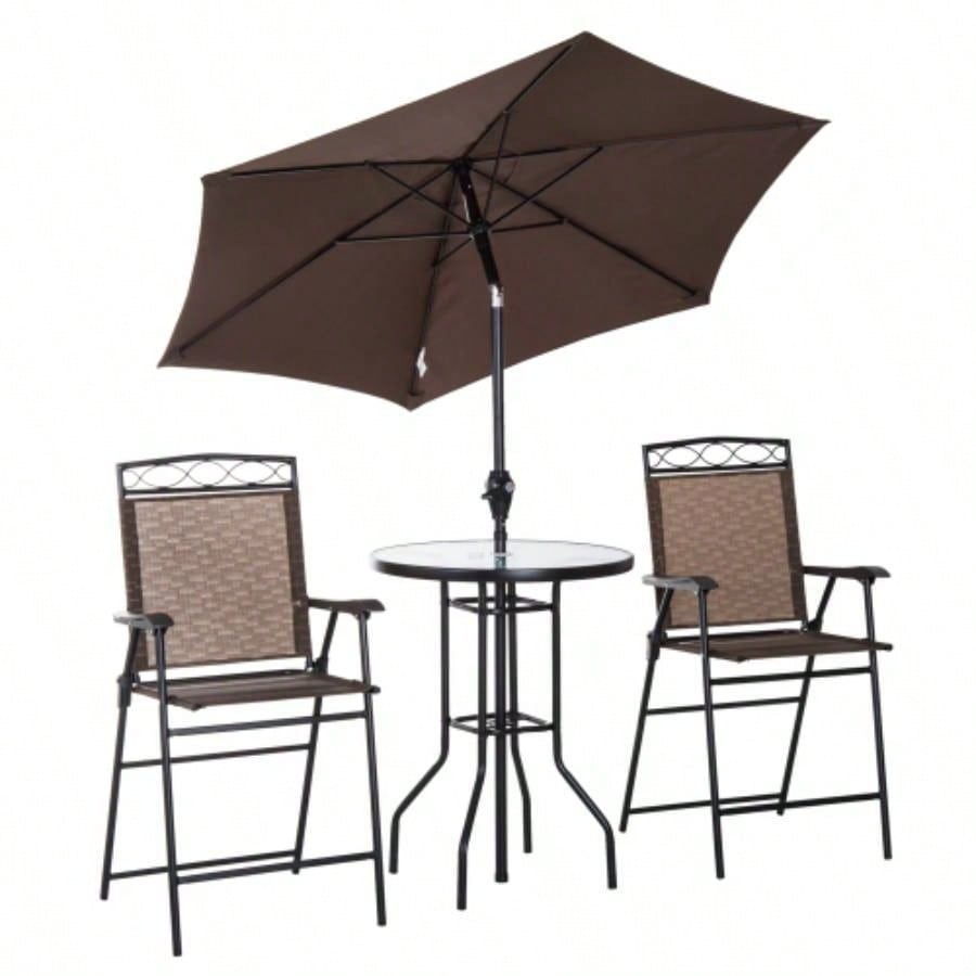 Outsunny 4 Piece Outdoor Patio Dining Furniture Set, 2 Folding Chairs, Adjustable Angle, Wave Textured Tempered Glass Dinner Table, Brown