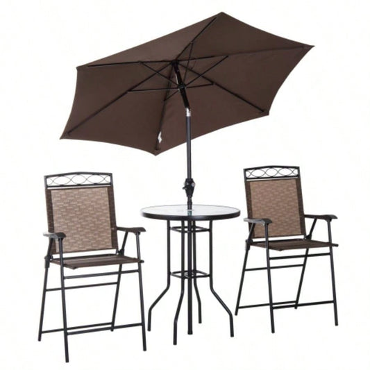 Outsunny 4 Piece Outdoor Patio Dining Furniture Set, 2 Folding Chairs, Adjustable Angle, Wave Textured Tempered Glass Dinner Table, Brown